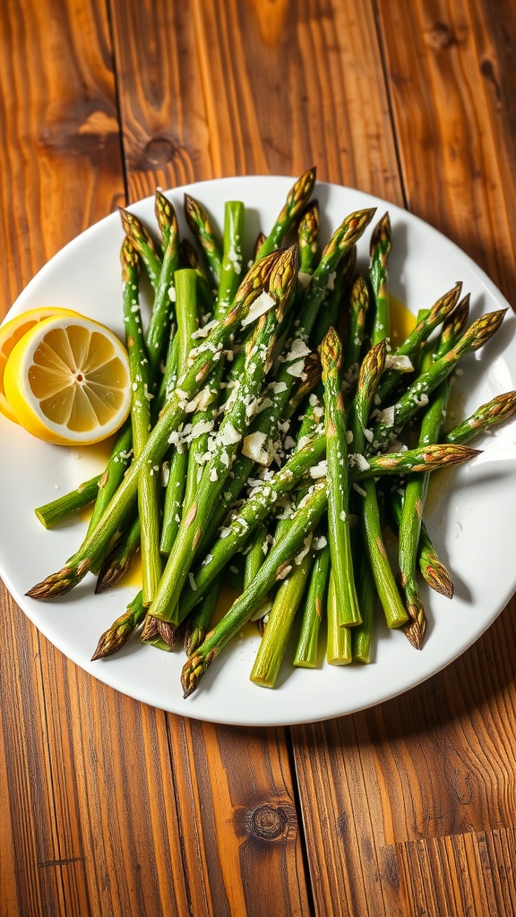 Plated roasted asparagus with Parmesan and lemon wedges on a wooden table.